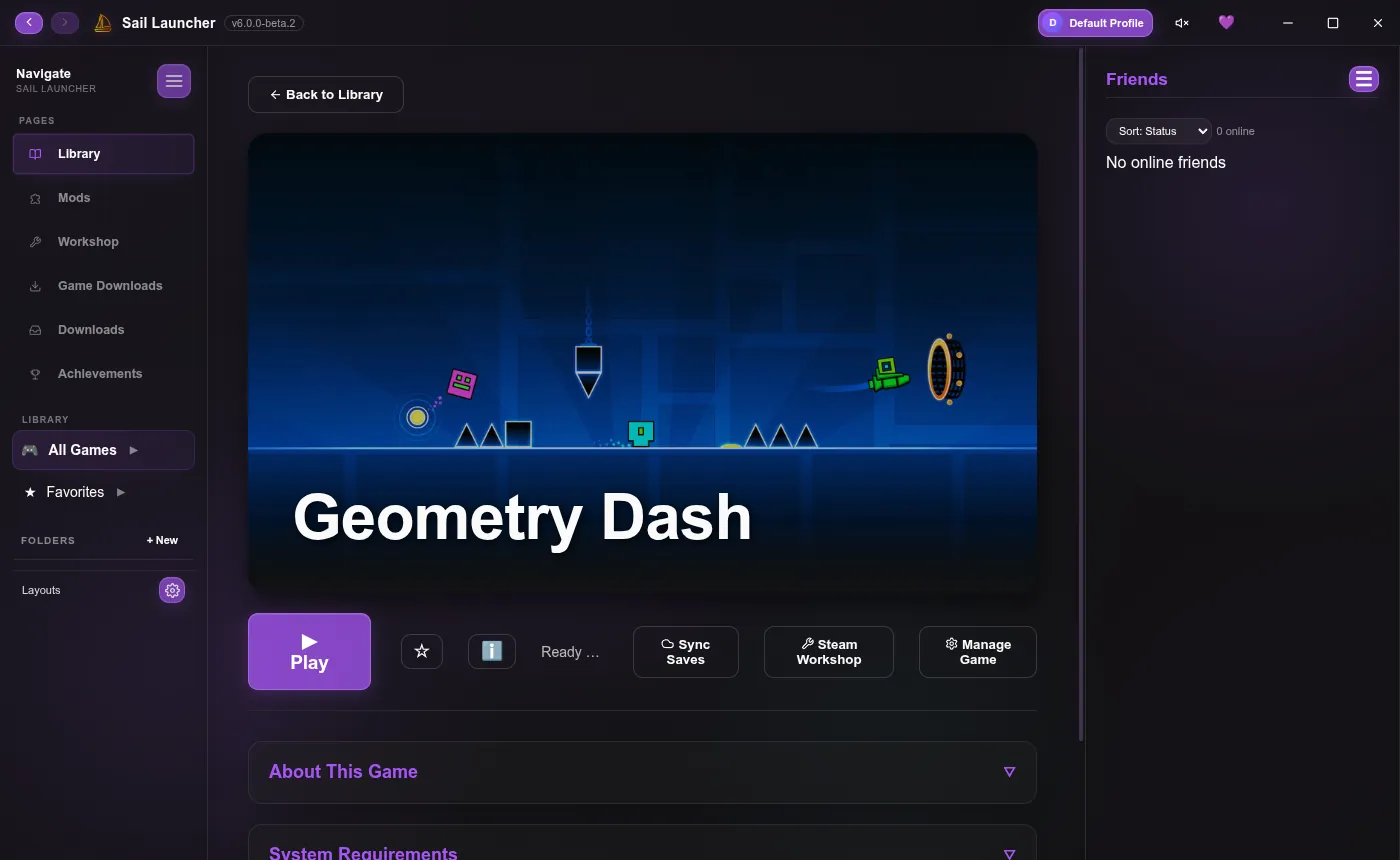 A game page in Sail Launcher