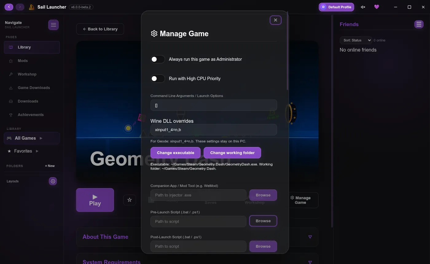 The Manage Game window on Linux