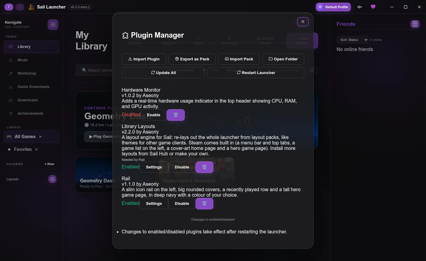 The Plugin Manager with three plugins installed