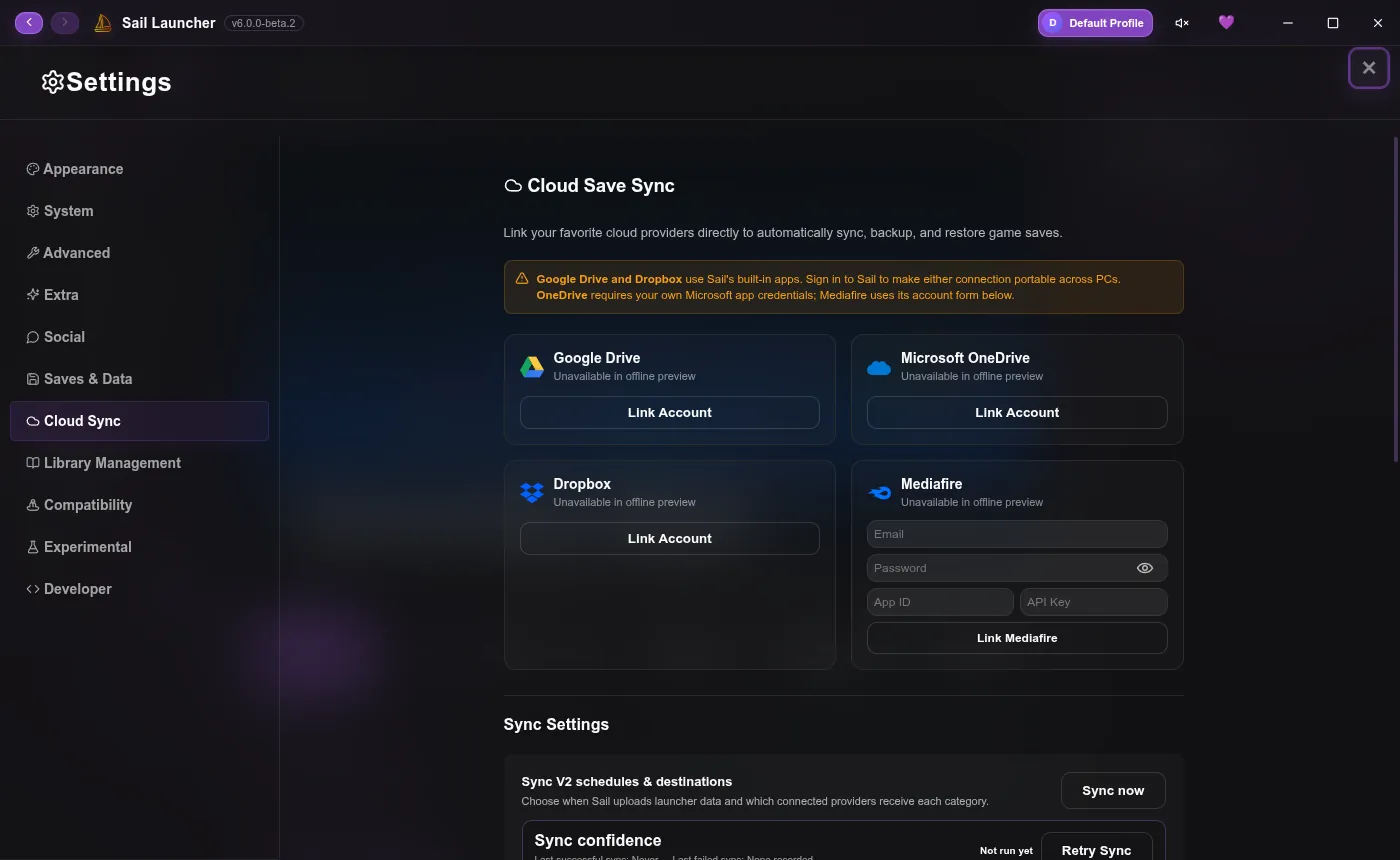 Settings, Cloud Sync tab