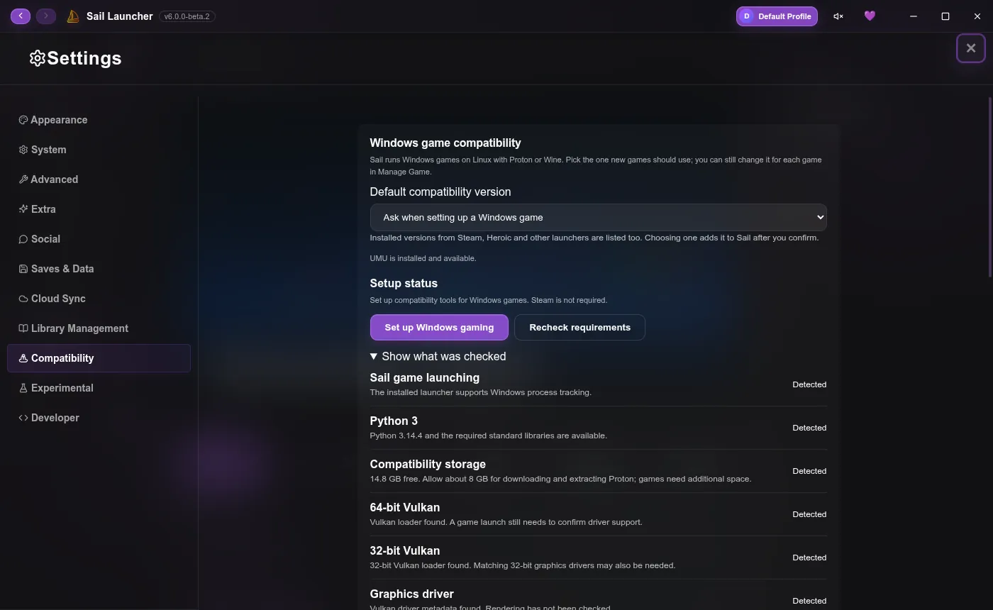 Settings, Compatibility tab