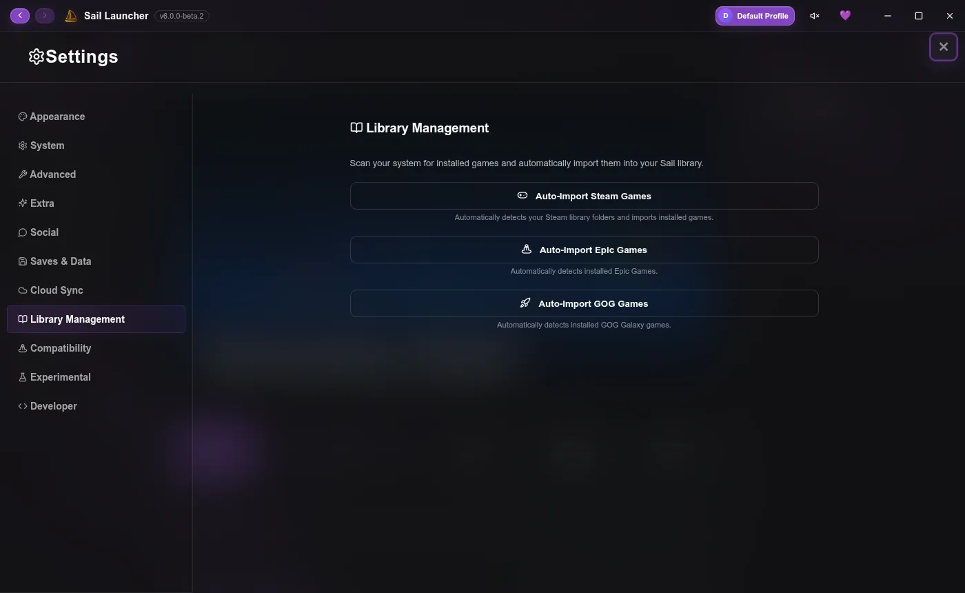 Settings, Library Management tab with the import buttons